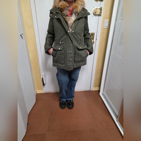 Women's Green Parka with Real Fur Trim - Picture 3 of 8